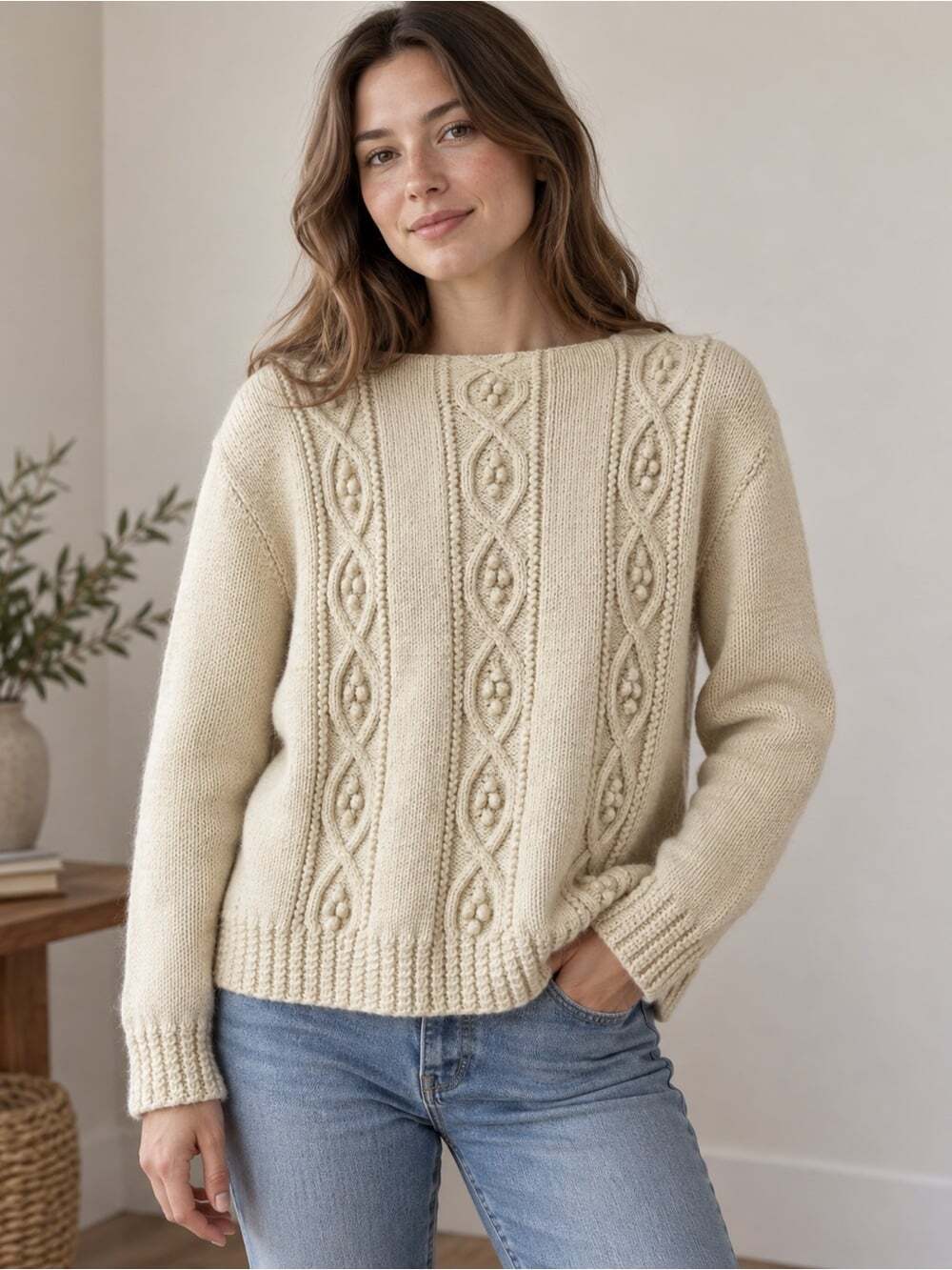 Handmade Cream Wool Cable Knit Bobble Sweater • Cottagecore Fisherman Knit M
